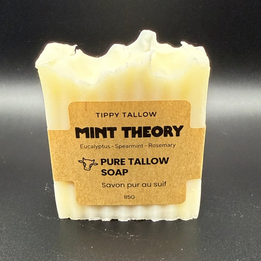 Tippy Tallow Mint Theory Pure Tallow Soap on a black background
